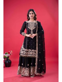 Wedani - Women Black Georgette Round Neck Kurta with Sharara and Dupatta