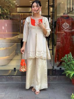 Wedani - Women Orange Silk Round Neck Co-Ord Set