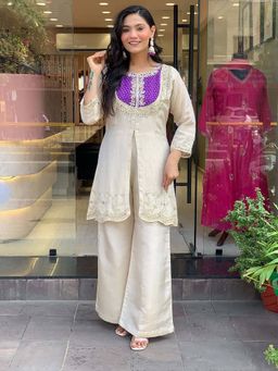 Wedani - Women Purple Silk Round Neck Co-Ord Set