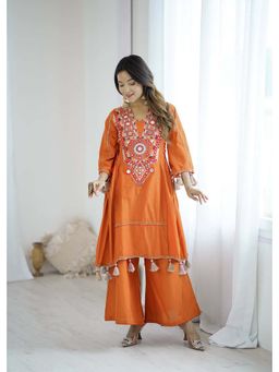 Wedani - Women Orange Khadi Square Neck Kurta with Palazzo
