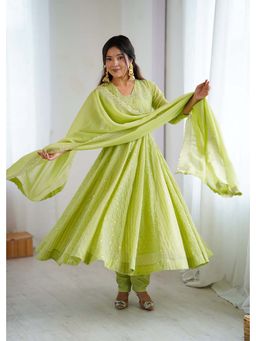 Wedani - Women Green Silk Square Neck Anarkali Kurta with Pant and Dupatta