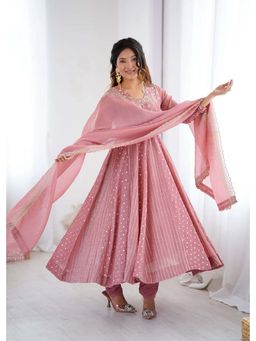 Wedani - Women Pink Silk Square Neck Anarkali Kurta with Pant and Dupatta