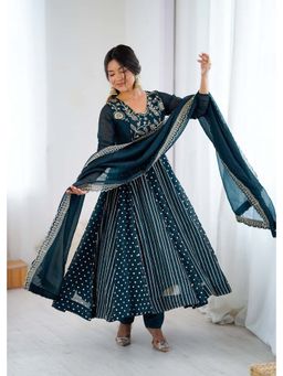 Wedani - Women Turquoise Silk Square Neck Anarkali Kurta with Pant and Dupatta