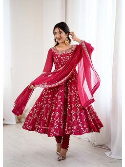 Wedani - Women Pink Georgette Round Neck Anarkali Kurta with Pant and Dupatta