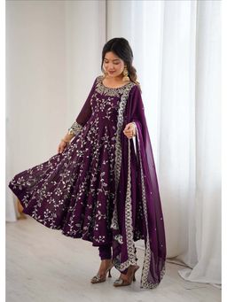 Wedani - Women Wine Georgette Round Neck Anarkali Kurta with Pant and Dupatta