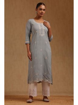 Soch - Women Blue Linen Blend Round Neck Kurta