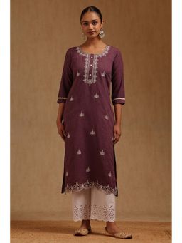 Soch - Women Purple Linen Blend Round Neck Kurta