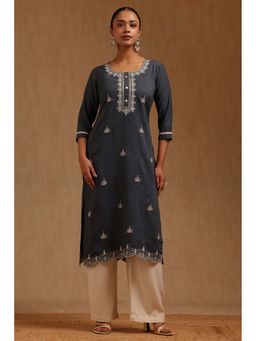 Soch - Women Blue Linen Blend Round Neck Kurta