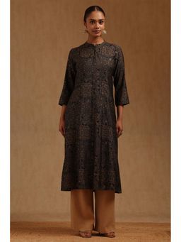 Soch - Women Navy Blue Muslin Mandarin Neck Kurta