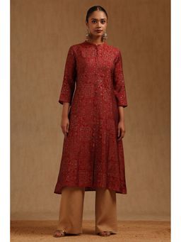 Soch - Women Red Muslin Mandarin Neck Kurta