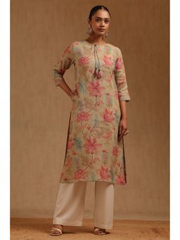 Soch - Women Beige Linen Round Neck Kurta