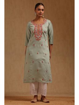 Soch - Women Blue Silk Blend Round Neck Kurta