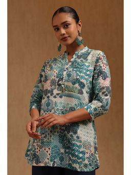 Soch - Women Blue Cotton Blend Mandarin Neck Tunic