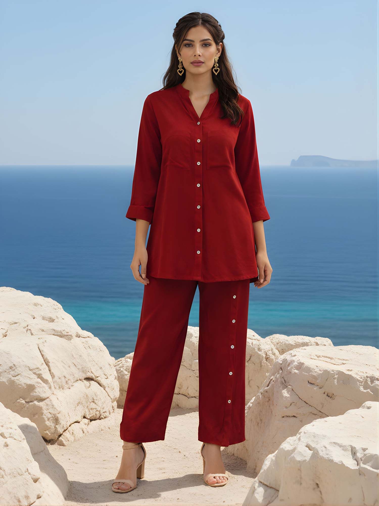 dora dori Women Maroon Viscose Rayon Mandarin Neck Co-Ord Set-picture-29