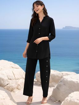 Dora Dori - Women Black Viscose Rayon Mandarin Neck Co-Ord Set