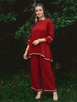 Dora Dori - Women Maroon Viscose Rayon Round Neck Co-Ord Set