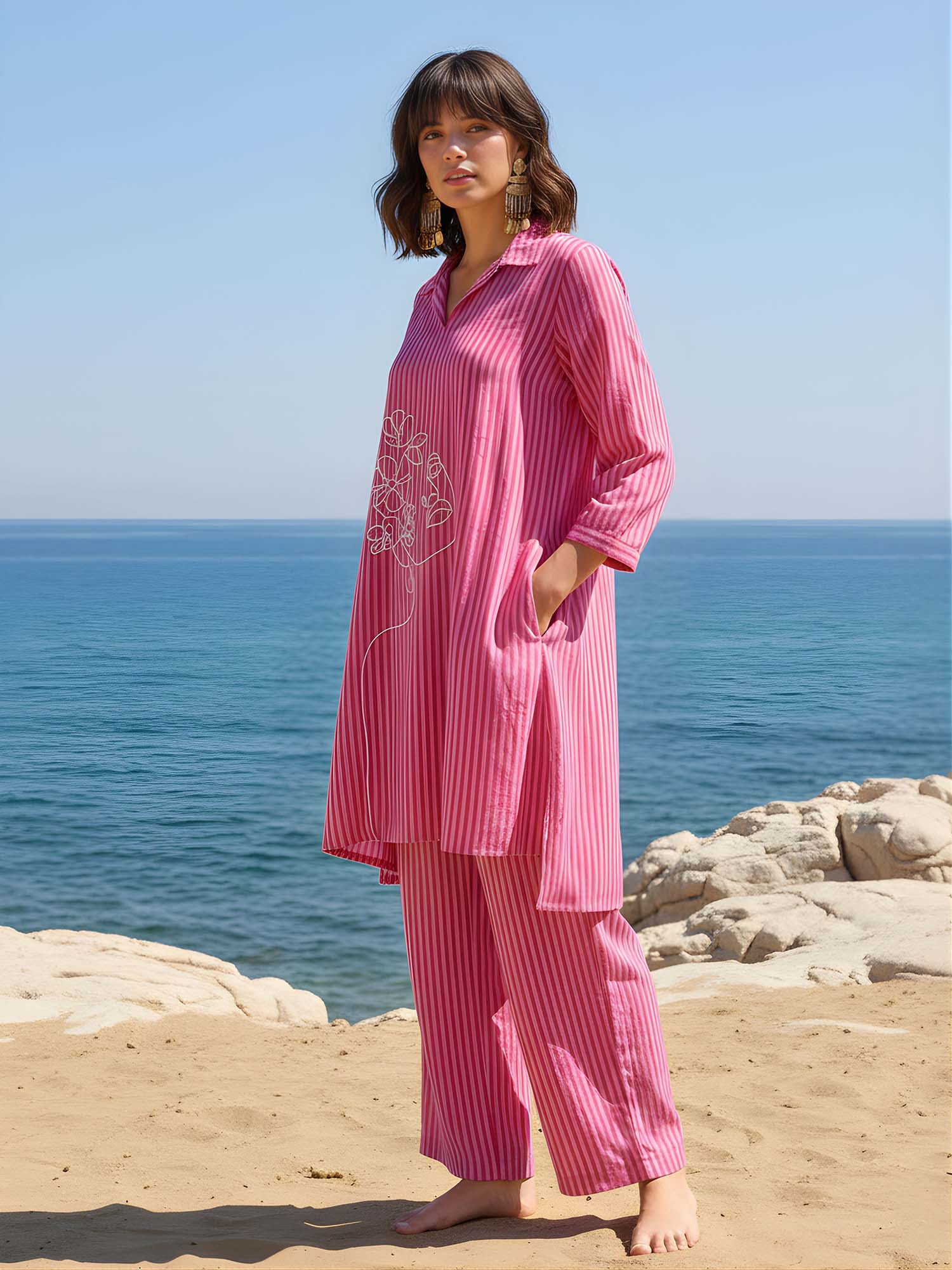 dora dori Women Pink Pure Cotton Collar Neck Co-Ord Set-picture-18