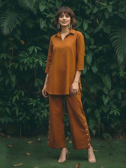 Dora Dori - Women Brown Cotton Collar Neck Co-Ord Set