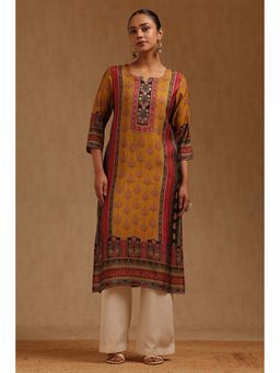 Soch - Women Mustard Silk Blend Round Neck Kurta