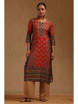 Soch - Women Red Silk Blend Round Neck Kurta
