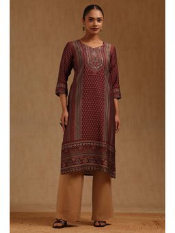 Soch - Women Wine Silk Blend V-Neck Kurta