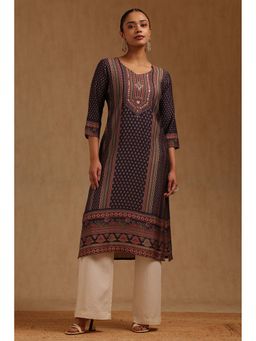 Soch - Women Navy Blue Silk Blend V-Neck Kurta