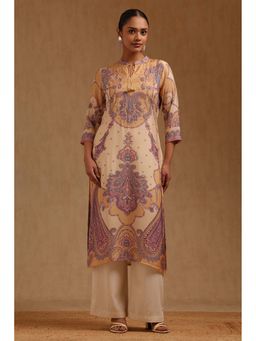 Soch - Women Beige Muslin Tie Up Neck Kurta