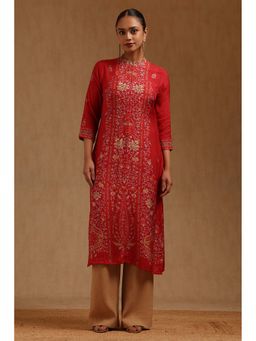 Soch - Women Red Muslin Mandarin Neck Kurta