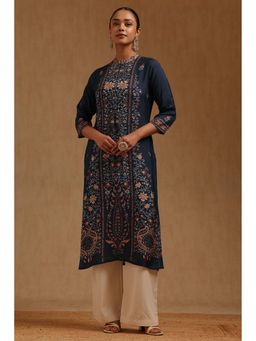 Soch - Women Blue Muslin Mandarin Neck Kurta