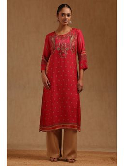 Soch - Women Red Muslin Tie Up Neck Kurta