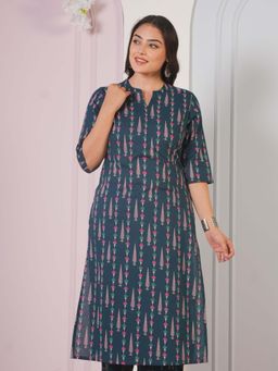 ARAMYA - Women Blue Pure Cotton Mandarin Neck Kurta