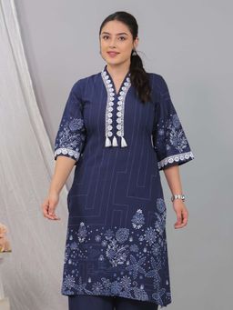 ARAMYA - Women Blue Pure Cotton V-Neck Kurta