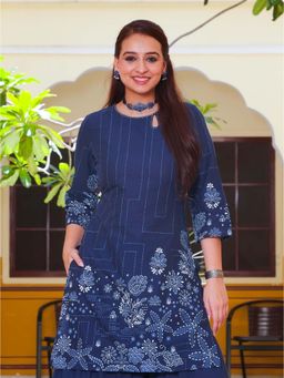 ARAMYA - Women Blue Pure Cotton Keyhole Neck Kurta