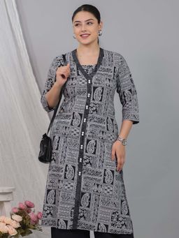 ARAMYA - Women Black Pure Cotton V-Neck Kurta