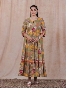 ARAMYA - Women Green Pure Cotton Round Neck Kurta