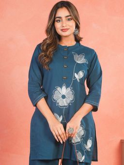 ARAMYA - Women Teal Pure Cotton Mandarin Neck Kurta