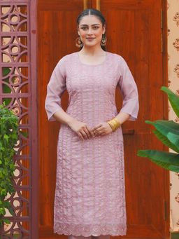 ARAMYA - Women Pink Organza Round Neck Kurta
