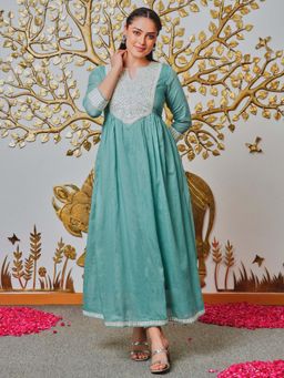 ARAMYA - Women Teal Pure Cotton Round Neck Kurta