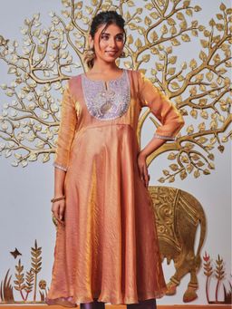 ARAMYA - Women Brown Chanderi Round Neck Kurta