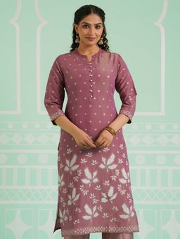 ARAMYA - Women Mauve Tissue Mandarin Neck Kurta