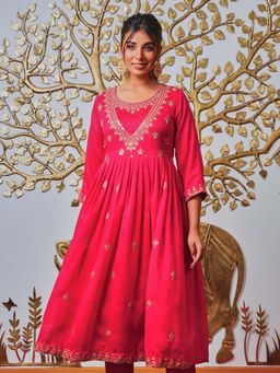 ARAMYA - Women Pink Poly Silk Round Neck Kurta