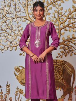 ARAMYA - Women Purple Chanderi Round Neck Kurta
