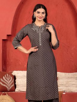ARAMYA - Women Grey Chanderi Mandarin Neck Kurta