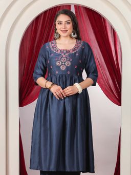 ARAMYA - Women Blue Silk Blend Round Neck Kurta