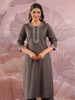 ARAMYA - Women Grey Silk Blend Round Neck Kurta