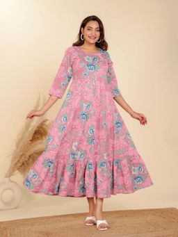 ARAMYA - Women Pink Pure Cotton Round Neck Kurta