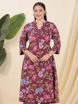 ARAMYA - Women Wine Pure Cotton Mandarin Neck Kurta