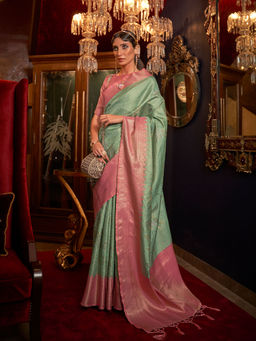 Odette - Festive Green Silk Blend Woven Saree with Unstitched Blouse