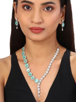 Voylla - American Diamond CZ Silver Plated Brass Necklace with Blue Stone (Set of 3)