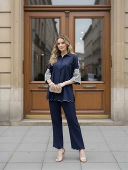 ZUMMER - Cotton Floral Embroidered Navy Blue Co-Ord Set